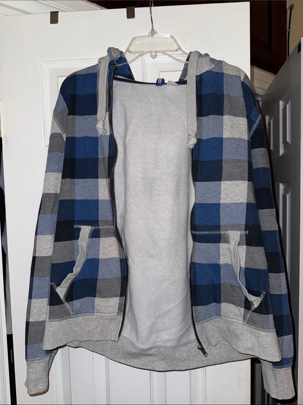 H&M Men’s Blue & White Checkered Hoodie -Large